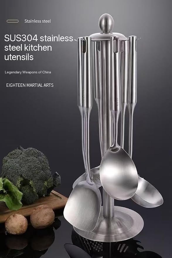 Premium 7-Piece Gold Kitchen Utensil Set with Stand, Stainless Steel Cooking Tools- Dishwasher Safe Ladle, Spoon, Spatula, Pasta Fork, Luxury Brass Kitchen Accessories for Home Chefs (silvery) - Image 6