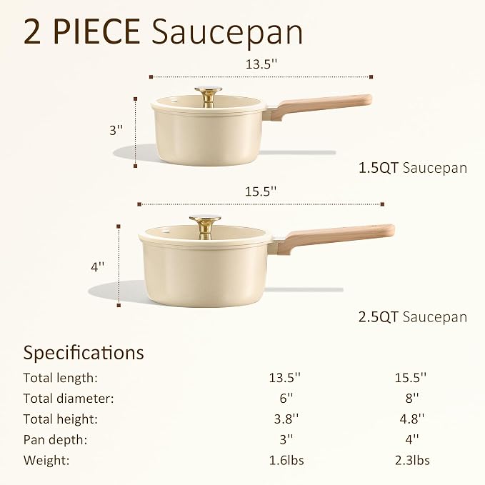 CAROTE Ceramic Nonstick 1.5Qt & 2.5Qt Sauce Pan Sets with Lid - Image 2