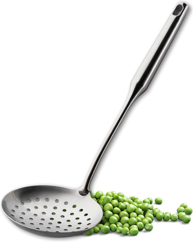 Sabatier Professional Large Metal Skimmer - Satin Polished Stainless Steel Cooking Spoon for Draining Frying Oil, Serving Boiled Veg Or Pasta. Strong Construction. 25 Year Guarantee, Dishwasher Safe by Taylors+Eye+Witness