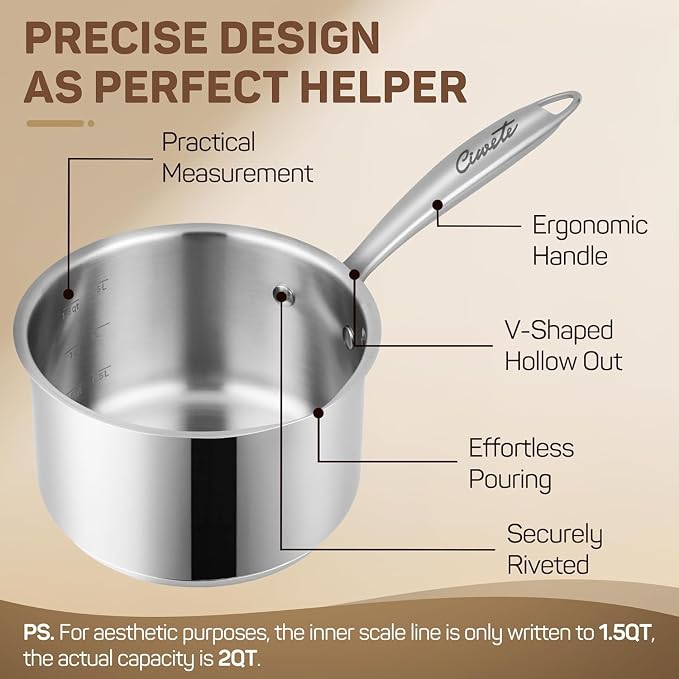 Ciwete 3 Qt Stainless Steel Saucepan with Glass Strainer Lid, 3 Quart Pot Stainless Steel Sauce Pan with Pour Spout, Mirror Polishing, Compatible with All Cooktops Dishwasher Safe Oven Safe - Image 7