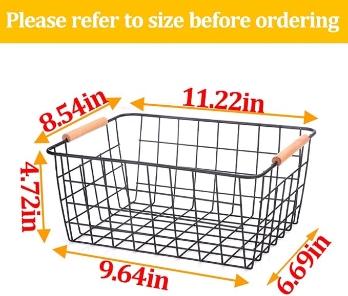 LeleCAT Wire Baskets with Wooden Handles, Wire Storage Organizer Baskets, Household Refrigerator for Cabinets, Pantry, Closets, Bedrooms - Set of 4（Black) - Image 2