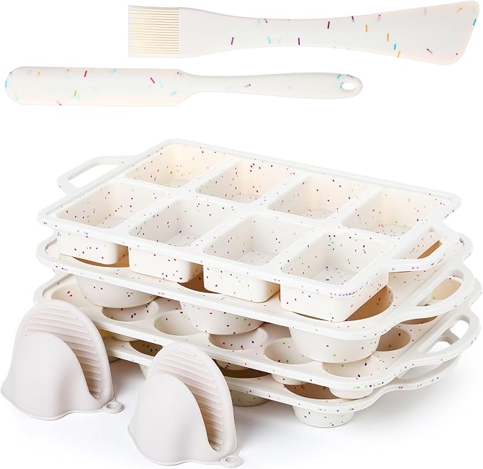 7 Pcs Silicone Baking Pan Set Nonstick Bakeware Set Include Loaf Muffin Mini Muffin and Round Pan, Spatula, Dual-head Pastry Brush Oven Mitts for Cupcakes Brownies Bread, Confetti Design - Image 2