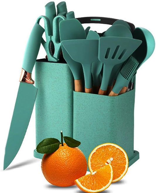 Kitchen Utensil and Knife Set with Storage, 19 in 1 Set with 11 Piece Silicone Cooking Utensils, 5 Pcs Sharp Stainless Steel Chef Knives Scissors Whisk Tongs and Cutting Board Teal by Mltao