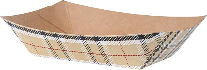 Restaurantware-Bio Tek 4 Ounce Paper Boats, 50 Disposable #25 Food Trays - PE Lining, Durable, Plaid Print Paper Food Baskets, For Concession Stands, Picnics, or Fairs - Image 2