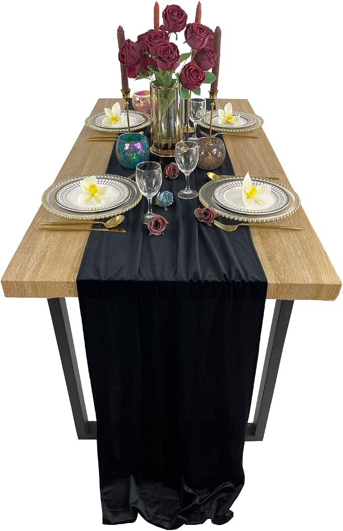 Luxurious Velvet Table Runner, 10ft Wedding Reception Decorations, 20x120inch Soft Velvet Fabric, Table Linen Overlay, Wedding Table Runners (Black, 20X120inch) - Image 6