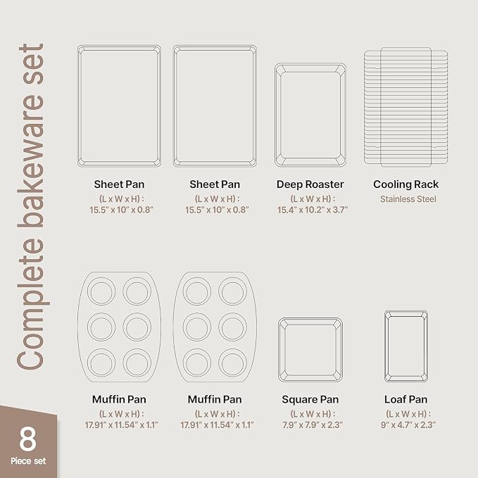 Bakken 8-Piece Stackable Bakeware Set - Ceramic Non-Stick Coating, Baking Sheets, Assorted Baking Pans, PTFE, PFOA & PFOS Free - Healthy Baking, Ergonomic Handles, Cooling Rack, Non-Toxic, Oven-Safe - Image 2