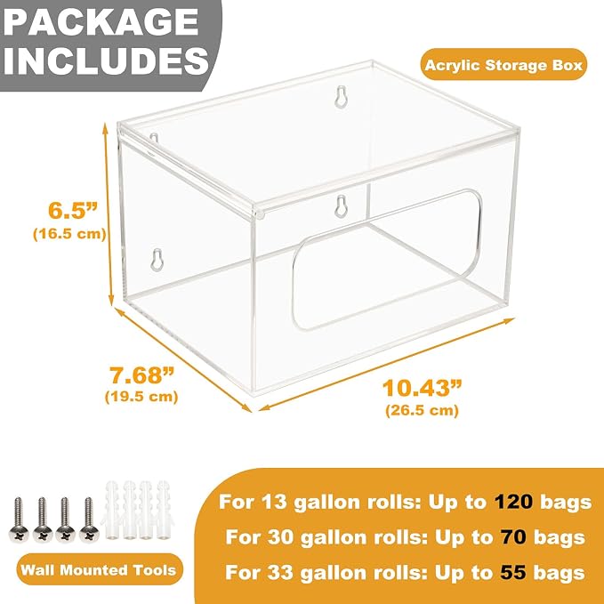 SEANADO Extra Large Trash Bag Dispenser Roll Holder with Lid - Wall Mount Acrylic Garbage Bag Stackable Storage Box for Kitchen Laundry Room Cabinet Organization - Image 5