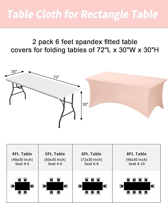 Fixwal 2 Pack 6FT Light Pink Tablecloth Rectangle Spandex Table Cover - Image 3
