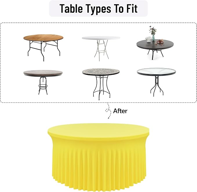 leegleri 6 Pack 60Inch Yellow Spandex Round Tablecloths, Stretchy 120inch Fitted 5FT Round Table Cloths, Wrinkle Free Table Cover with Skirt for Wedding Party Dining Banquet - Image 7