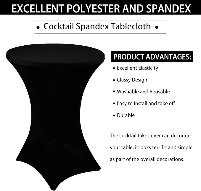 2 Pack Cocktail Spandex Tablecloth 32"x43" Cocktail Table Cover Fitted for High Top Round Table for Bar Wedding Birthday Party Banquet (Black) - Image 4