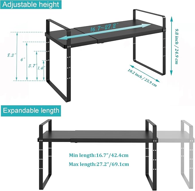 iPEGTOP Expandable Cabinet Storage Shelf Organizer, Heavy Duty Steel Metal Spice Rack Adjustable Height Home Office Garage Pantry Shelf Space Riser for Counter Kitchen Organization, Black, 1 Pack - Image 5