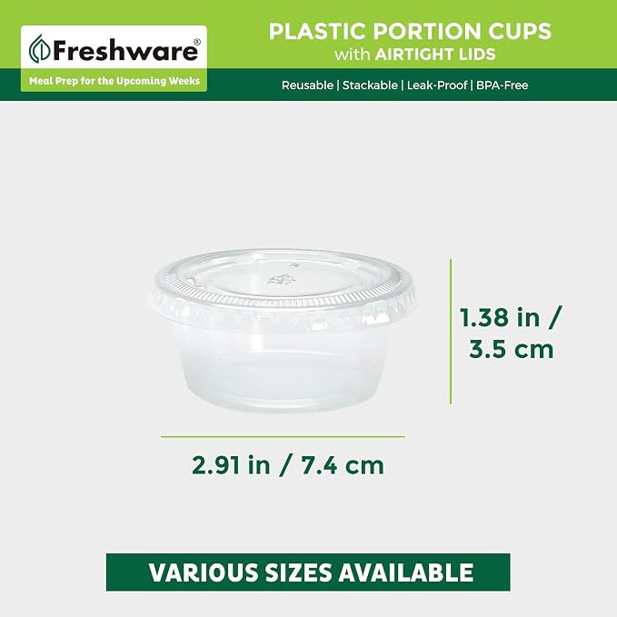 Freshware Plastic Portion Cups with Lids [3.25 Ounce, 200 Sets] Disposable Plastic Cups for Meal Prep, Salad Dressing, Jellos Shot Cups, Souffle Cups, Condiment and Dipping Sauce Cups - Image 3