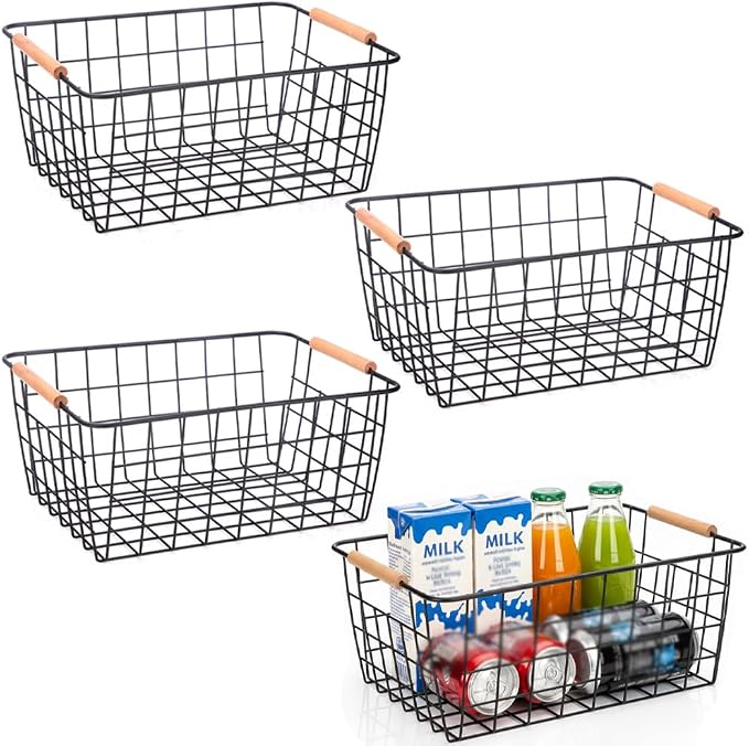 LeleCAT Wire Baskets with Wooden Handles, Wire Storage Organizer Baskets, Household Refrigerator for Cabinets, Pantry, Closets, Bedrooms - Set of 4（Black) by HomeSpaceStorageBasket