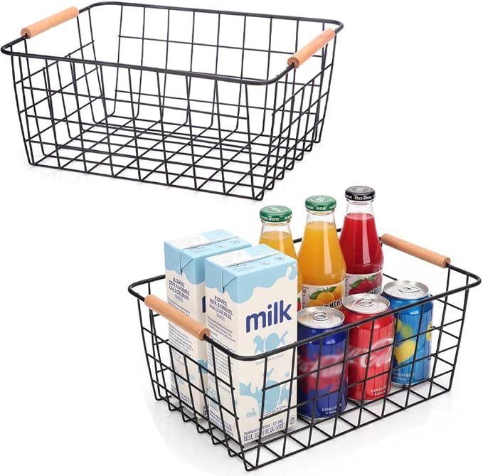 LeleCAT Wire Baskets with Wooden Handles Wire Storage Organizer Bin Baskets, Pantry, Closets, Bedrooms - Set of 2（Black） by HomeSpaceStorageBasket