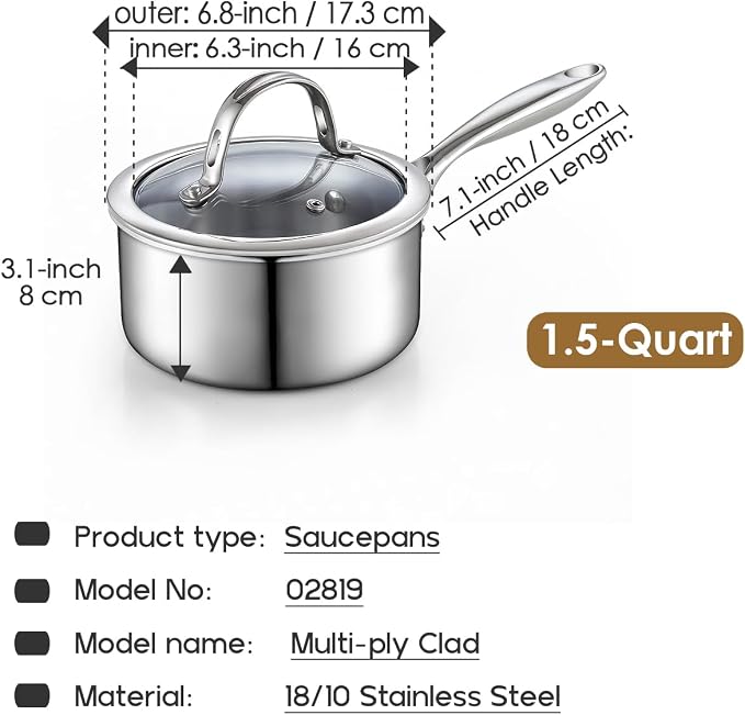 Cooks Standard Multi-Ply Clad 1.5 Quart Stainless Steel Saucepan with Glass Lid, Small Kitchen Induction Cooking Sauce Pot Pan, Dishwasher & Oven Safe, Compatible with All Cooktops - Image 2