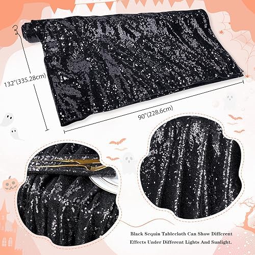 Seamless Sequin Tablecloth 90x132 Inch Black Rectangular Halloween Decor - Image 6