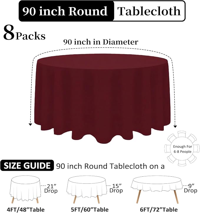 8 Packs 90 Inch Burgundy Round Tablecloth - Image 3