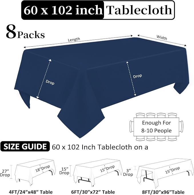 8 Pack Navy Blue Tablecloth Rectangle 60 x 102 Inch for 6 Foot Tables - Image 2