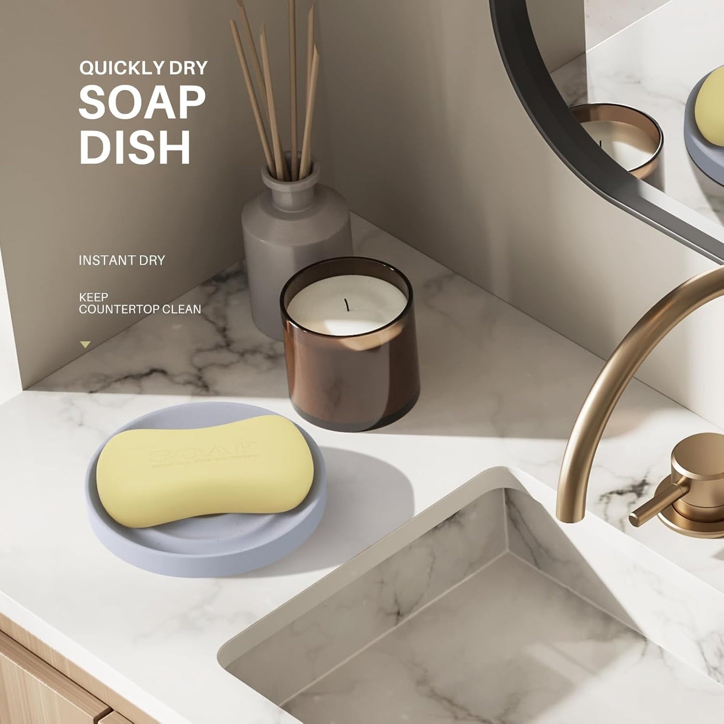 Diatomite Soap Dish Holder, Water Absorbent Stone Soap Dish, Quick Dry Stone Soap Holder, Diatomaceous Earth Bath Tray for Hand Soap, Sponge Holder, Gray