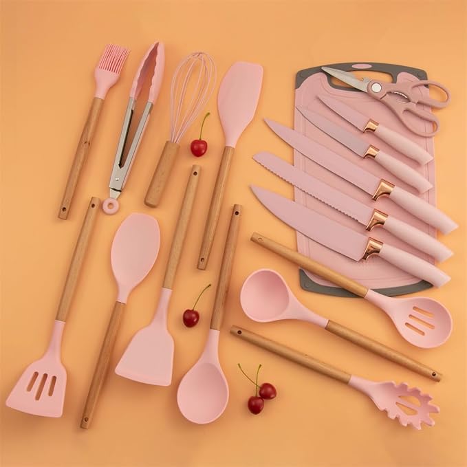 19 Pcs Kitchen Cooking Utensils and Knife Set with Block, with 11 Piece Silicone Cooking Utensils Set 5 Pcs Sharp Stainless Steel Chef Knives Scissors Whisk Tongs and Cutting Board (Cherry Pink) - Image 6