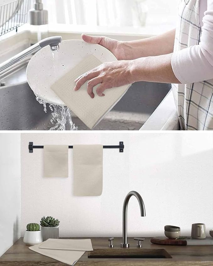 Ivory White Dish Towels Set,Waffle Weave Kitchen Towels Microfiber Towels Cleaning, Solid Color Pure Contemporary Minimalist Aesthetics Decor Soft Absorbent Dish Drying Towels Hand Towels 3-Pc 12x12In - Image 6