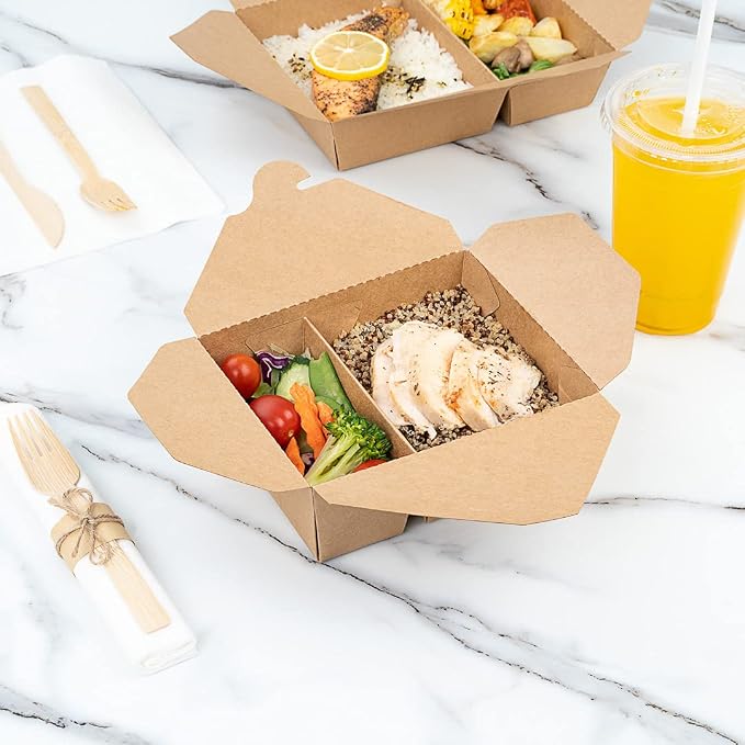 Restaurantware-Bio Tek 47 Ounce Paper Take Out Containers, 200 2-Compartment Kraft Take Out Boxes - Greaseproof, Tab-Lock Closure, Kraft Paper To Go Boxes, Sturdy, Safe For Hot Or Cold Foods - Image 3
