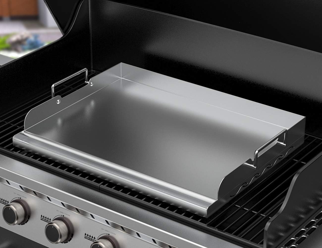 Skyflame Universal Stainless Steel Griddle Flat Top Plate with Even Heating Bracing for BBQ Charcoal/Gas Grills, Camping, Tailgating, and Parties 17" x 13"