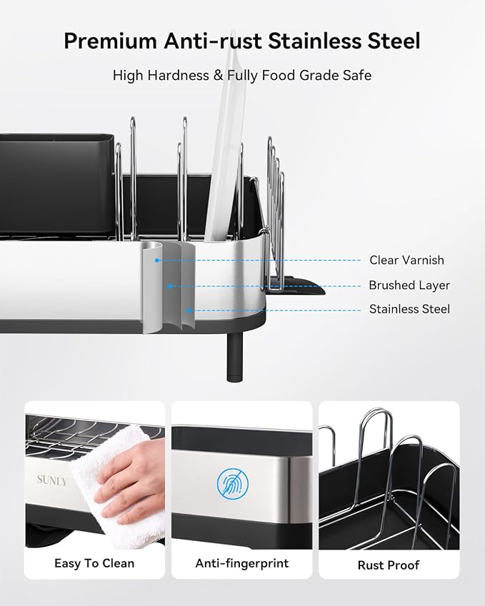 SUNLY Expandable Dish Drying Rack, Versatile Brackets for Pots & Pans, Space Saving Kitchen Drying Rack, Dish Racks for Kitchen Counter, Stainless Steel Dish Drainers with Extendable Spout, Black - Image 5