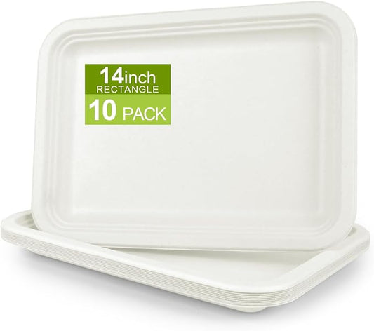 14 Inch Disposable Paper Plates, White, 10 Pack | Bagasse Food Trays, Compostable & Biodegradable Event Plates, Heavy Duty For BBQ, Seafood Boil, Lobster, Crab, Party by BangShou