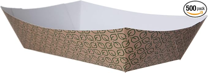 ECO PRODUCTS Renewable 5lb Paper Food Trays, Case of 500, 9.5"x6.375"x2.125", 70% Post-Consumer Recycled Fiber, No-Added PFAS, Kraft with Leaf Print by Eco-Products
