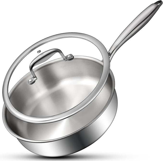 EWFEN Tri-Ply Stainless Steel Frying Pan 3QT, 10 Inch Deep Frying Pan with lids, Skillet, Induction Cooking Pan, Dishwasher and Oven Safe, Fast & Even Heat, Heavy Duty and Detachable Handle by EWFEN
