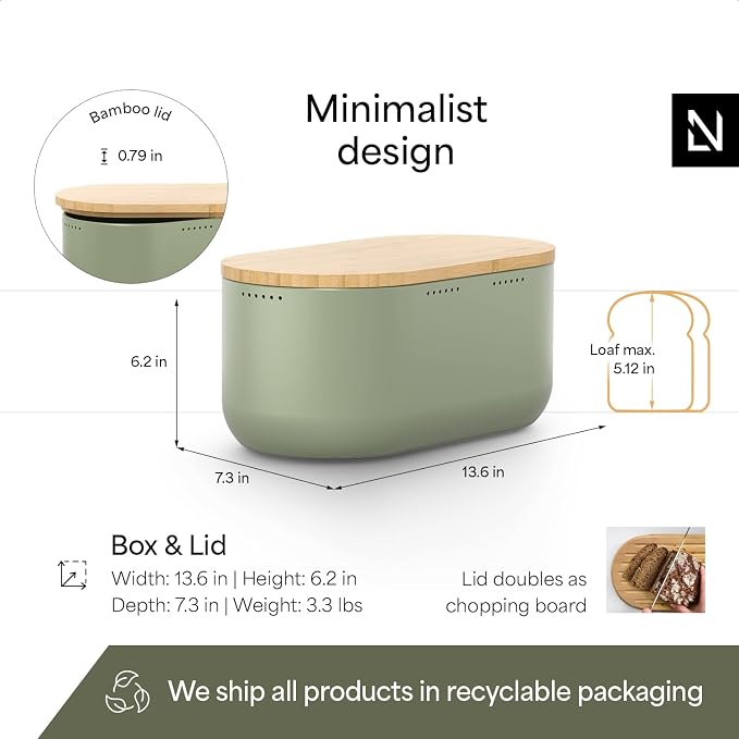 LARS NYSØM Bread Box I Metal bread box for long lasting freshness with non-slip pads I Baked goods Bin with bamboo lid usable as cutting board I 13.6x7.3x6.2in (Sage Green) - Image 4