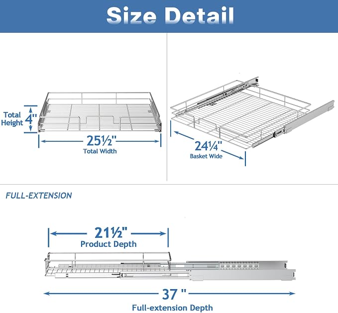 ROOMTEC Pull Out Cabinet Organizer, Cabinet Pull Out Shelves 25½" W x 21½" D, Heavy Duty Cabinet Drawers Slide Out Kitchen Cabinet Organizers Storage Shelf - Image 3
