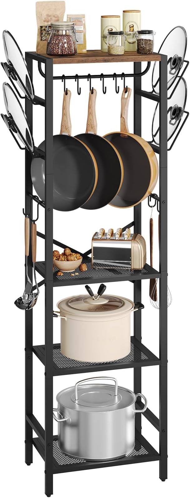 MAHANCRIS 4-Tier Pot Rack, Pots and Pans Organizer for Kitchen Corner, Kitchen Storage Rack with U-Shaped Lid Holders, Freestanding Cookware Stand, Rustic Brown and Black POHR3001 - Image 2