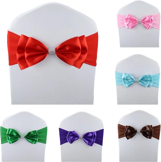 12 PCS Double Bows Stretch Chair Sashes, for Wedding Party Chair Cover Decoration, Spandex Stretch Chairs Bands (Pack of 12 Red) - Image 2