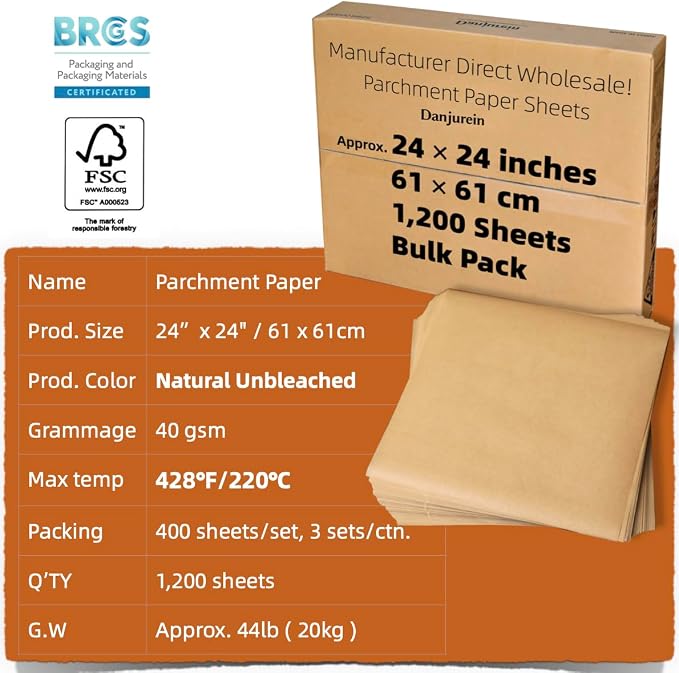 24x24" 1200 Bulk Sheets Industrial Grade Unbleached Parchment Paper | Food grade & heat resistant, heavy-duty non-stick greaseproof, for commercial ovens, bakery lines & catering bulk cooking - Image 2