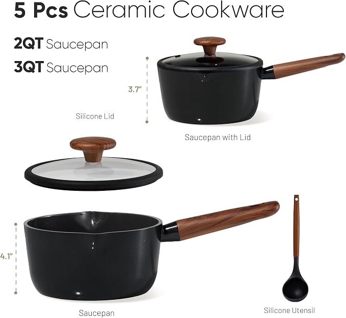 CAROTE 2QT & 3QT Sauce Pan Sets with Lid & Ladle Ceramic Nonstick Pot Set Non Toxic Saucepan Small Kitchen Cooking Pots, Easy to Clean, Induction Comptable, PFAS PTFE Free, Black - Image 2