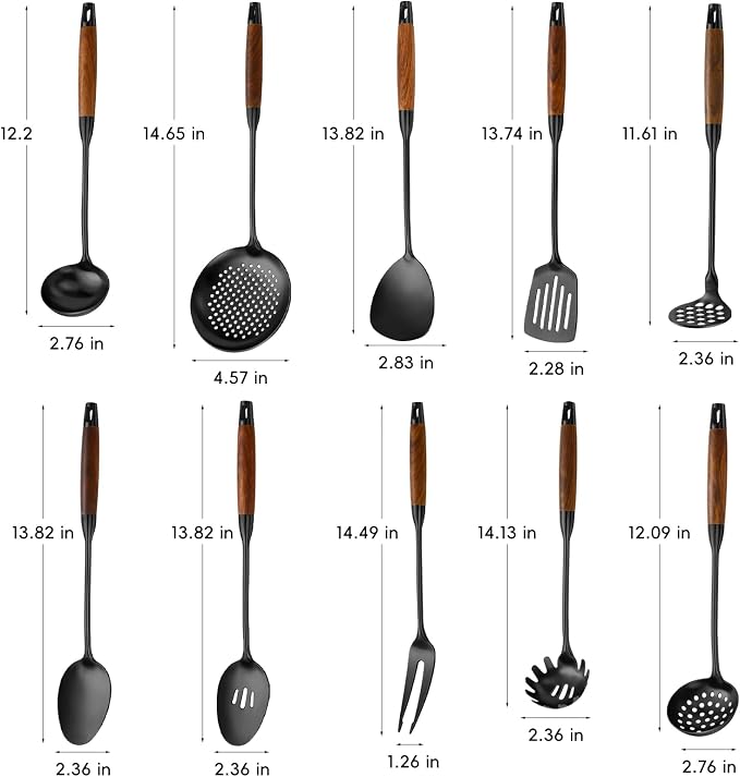 Izurok 18/10 Stainless Steel Kitchen Utensils Set,10 Piece Cooking Utensils With Wood Handle,Heat Resistant Kitchen Tool Set With Spatula,Spoon,Ladle,Skimmer,Slotted Turners,Pasta,Turner,Ladl,Fork - Image 2