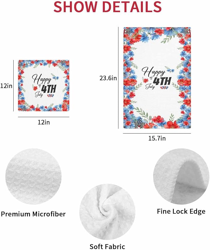 4th of July Dish Towels Set, Waffle Weave Kitchen Towels 4 Pieces, American Flag Red Blue Flowers Leaves Microfiber Hair Face Bath Tea Towel Absorbent Quick Drying Cleaning Dish Cloths, 12"x12" - Image 7