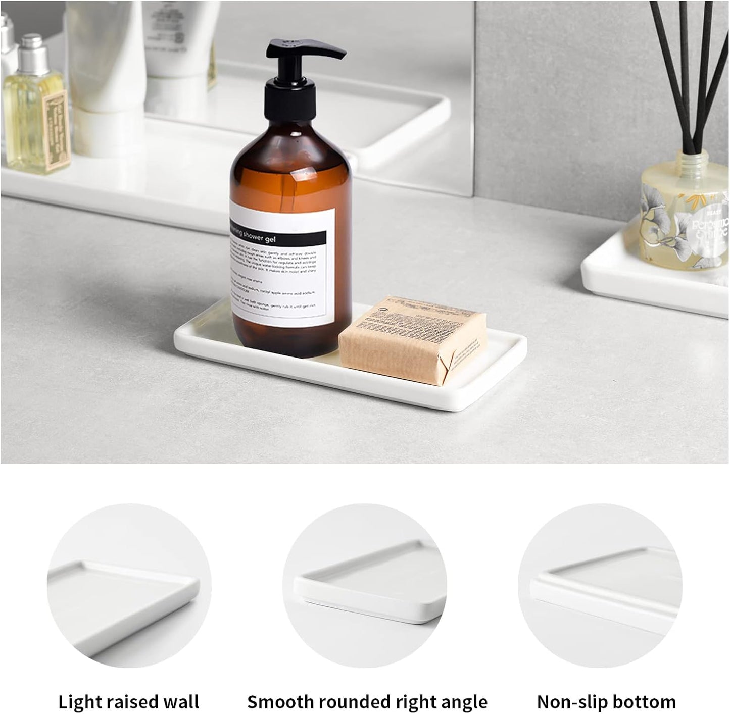 Gurygo 2 Pack 6" Bathroom Tray for Counter - Ceramic Vanity Trays for Bathroom - Small Rectangle Ceramic Tray - Kitchen Soap Trays for Kitchen Counter (White, Set/2)
