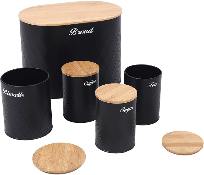 Set of 5 Bread Box and Canister Set for Kitchen Countertop, Metal Bread Bin Biscuit Sugar Tea Coffee Storage Canister with Lid, Black - Image 7