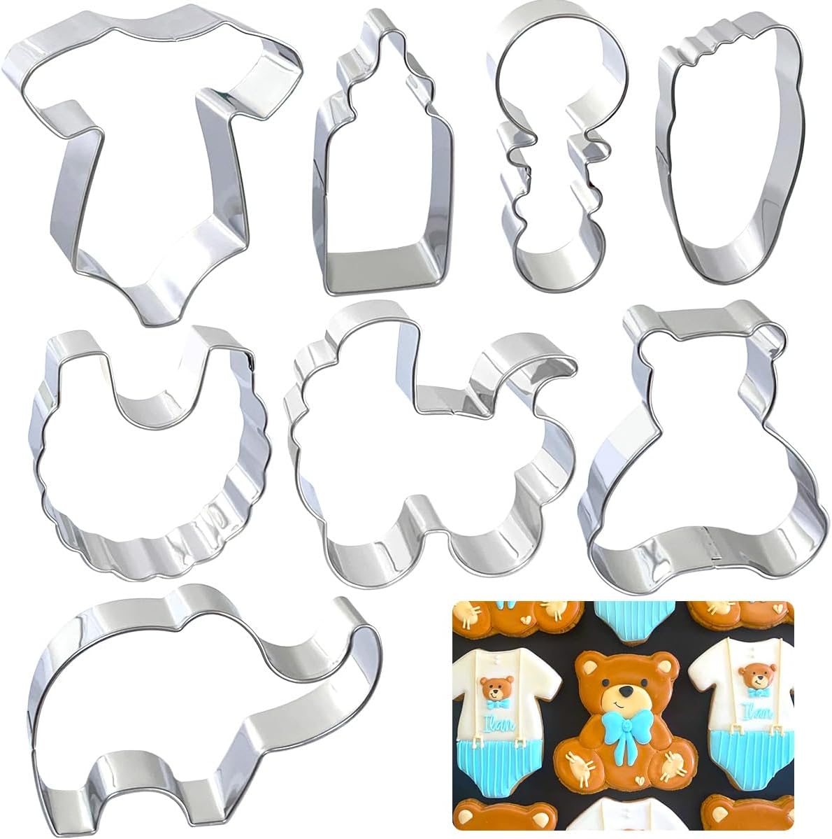 Baby Shower Cookie Cutters 8Pcs, Cute Shapes Baby Carriage Onesies Bottle Bib Clothes Elephant Bear Fondant Cutter, Sturdy Metal Biscuit Cutter Cookie Mold for Baby Shower Baking & Gift