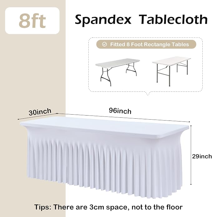 12 pk White Spandex Table Cloth Rectangle 8ft with Ruffle Skirt,Wrinkle Free High-Stretch Fitted Tablecloths for 8 Foot Rectangle Tables,Elastic Spandex Table Covers 8 ft for Parties Weddings Banquet - Image 4
