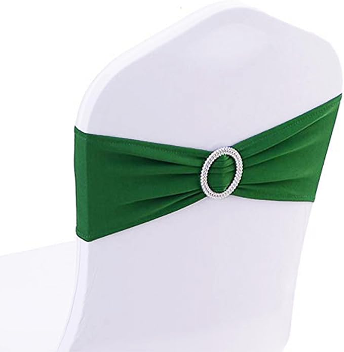 100 Pack Spandex Dark Green Chair Sashes for Wedding - Stretch Chair Bows Bands with Buckle for Party Birthday Banquets Engagement Christmas Events Decorations by SINSSOWL