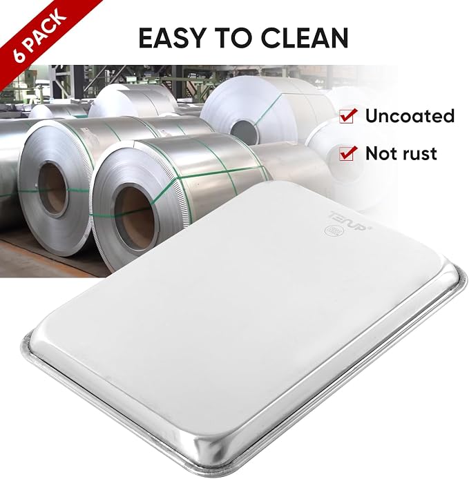 TENUP 6 Pack Aluminum Quarter Sheet Pan, 13" x 9" Heavy Duty Commercial Baking Tray Reinforced Rim, Warp-Resistant Rust-Free - Image 6