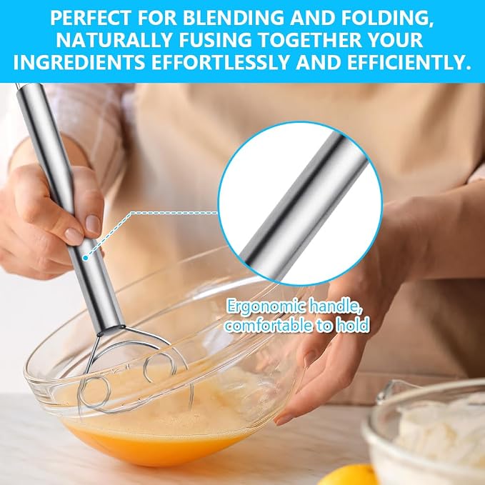 HOTUT 12 Inch Thinp Danish Dough Whisk, Double Eyes Stainless Steel Danish Dough Whisk, Handheld Stainless Steel Double Circle Flour Dough Whisk, Dough Whisk for Whisking, Baking, Beating, Frothing - Image 5