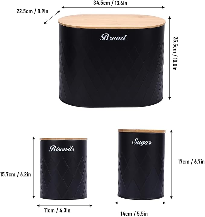 Set of 5 Bread Box and Canister Set for Kitchen Countertop, Metal Bread Bin Biscuit Sugar Tea Coffee Storage Canister with Lid, Black - Image 2