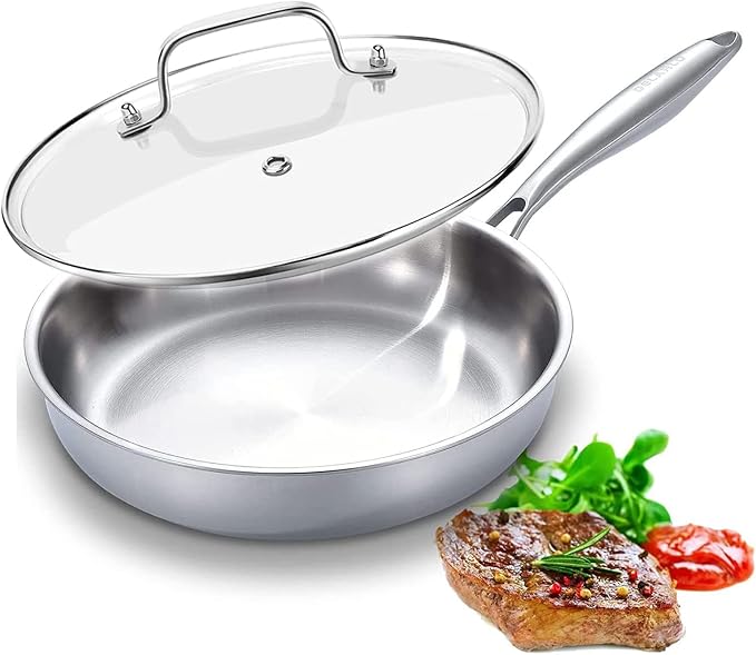 DELARLO Tri-Ply Stainless Steel Pan,18/10, 12"+Lids by DELARLOCOOKWARE