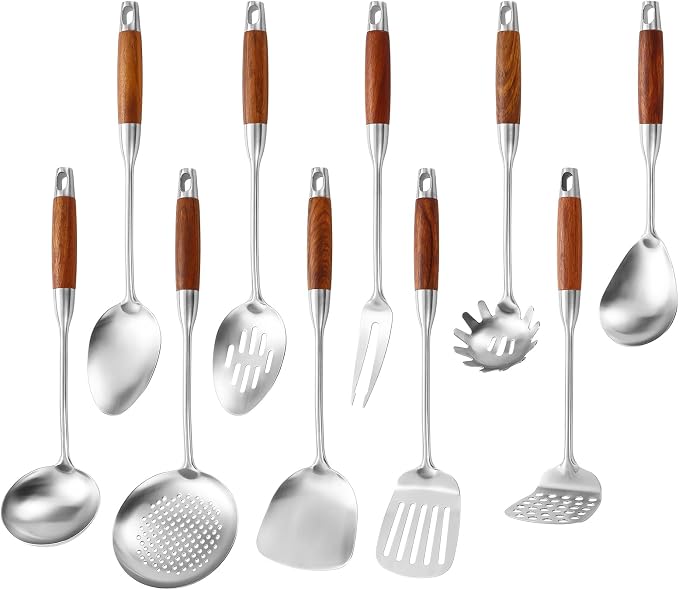 Izurok 18/10 Stainless Steel Kitchen Utensils Set,10 Piece Cooking Utensils With Wood Handle,Heat Resistant Kitchen Tool Set With Spatula,Spoon,Ladle,Skimmer,Slotted Turners,Pasta,Turner,Ladl,Fork by IzurokBuynow