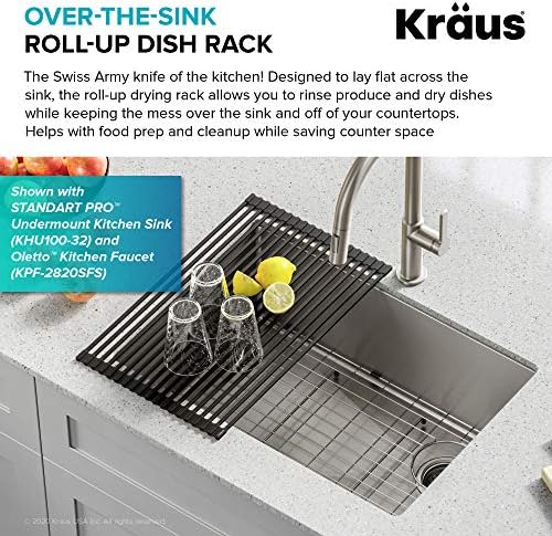 Kraus Multipurpose Over-Sink Roll-Up Dish Drying Rack, Colander and Trivet in Light Grey, KRM-10GREY - Image 3